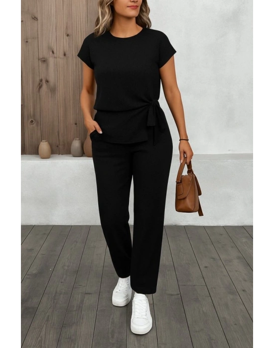 Kadın Kısa Kollu Bisiklet Yaka Yandan Bağlamalı Bürümcük Bluz Ve Pantolon Ikili Takım