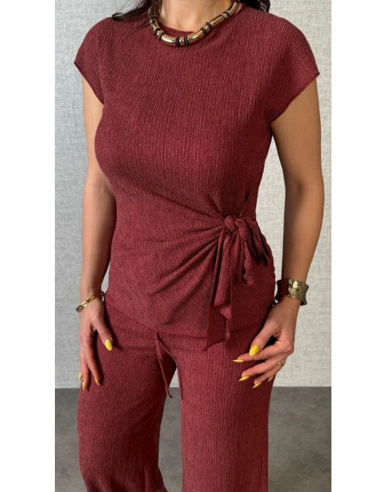 Kadın Kısa Kollu Bisiklet Yaka Yandan Bağlamalı Bürümcük Bluz Ve Pantolon Ikili Takım