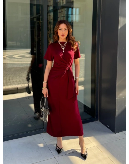 Kadın Kısa Kollu Bisiklet Yaka Yandan Bağlamalı Viskon Iki Iplik Elbise