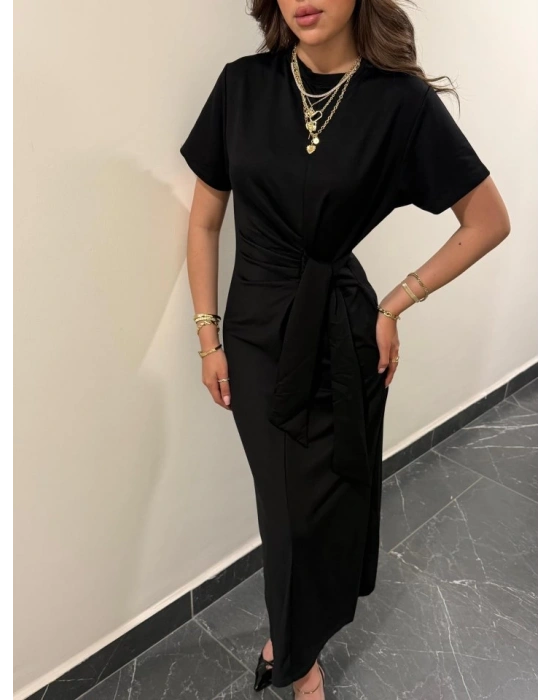 Kadın Kısa Kollu Bisiklet Yaka Yandan Bağlamalı Viskon Iki Iplik Elbise