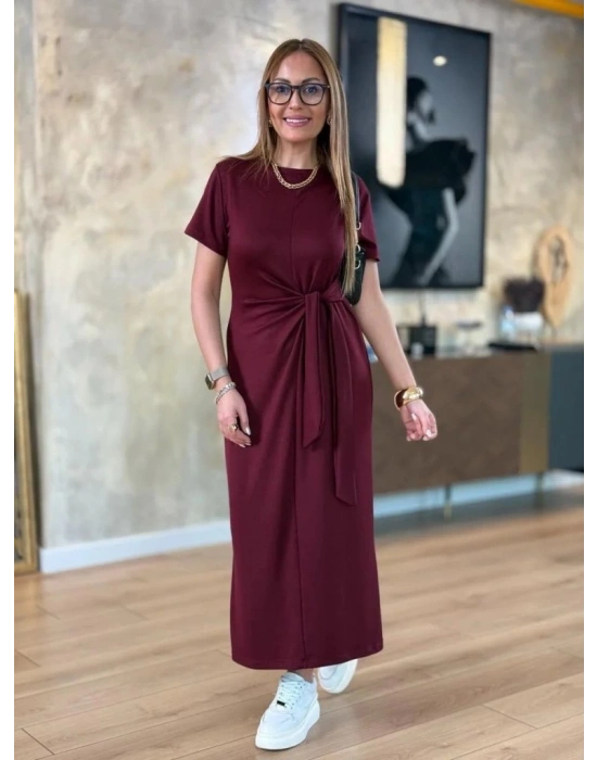 Kadın Kısa Kollu Bisiklet Yaka Yandan Bağlamalı Viskon Iki Iplik Elbise