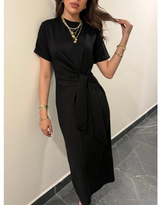 Kadın Kısa Kollu Bisiklet Yaka Yandan Bağlamalı Viskon Iki Iplik Elbise