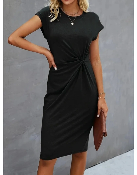 Kadın Kısa Kollu Bisiklet Yaka Yandan Büzgülü Midi Viskon Elbise