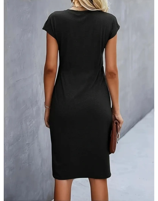Kadın Kısa Kollu Bisiklet Yaka Yandan Büzgülü Midi Viskon Elbise