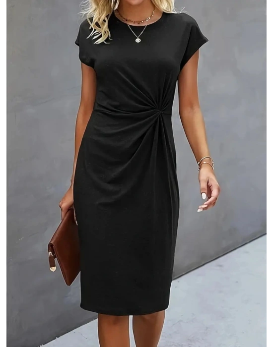 Kadın Kısa Kollu Bisiklet Yaka Yandan Büzgülü Midi Viskon Elbise