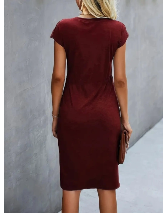 Kadın Kısa Kollu Bisiklet Yaka Yandan Büzgülü Midi Viskon Elbise
