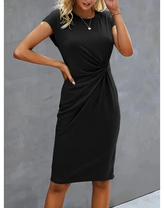 Kadın Kısa Kollu Bisiklet Yaka Yandan Büzgülü Midi Viskon Elbise