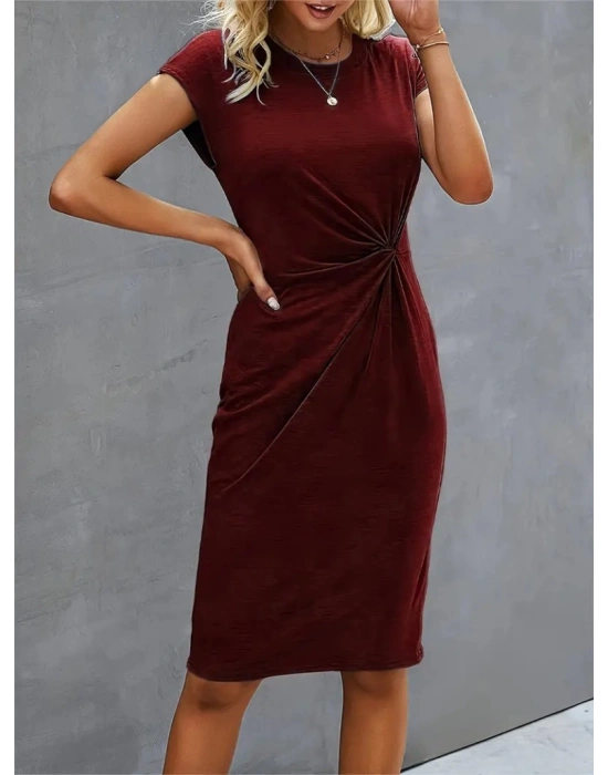 Kadın Kısa Kollu Bisiklet Yaka Yandan Büzgülü Midi Viskon Elbise