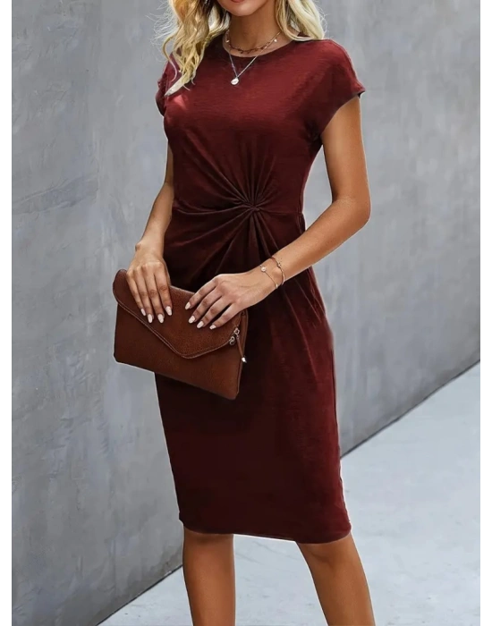 Kadın Kısa Kollu Bisiklet Yaka Yandan Büzgülü Midi Viskon Elbise
