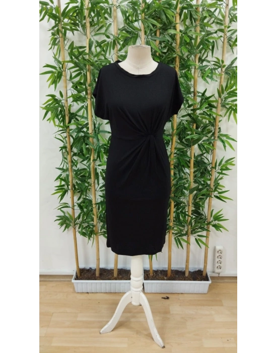 Kadın Kısa Kollu Bisiklet Yaka Yandan Büzgülü Midi Viskon Elbise