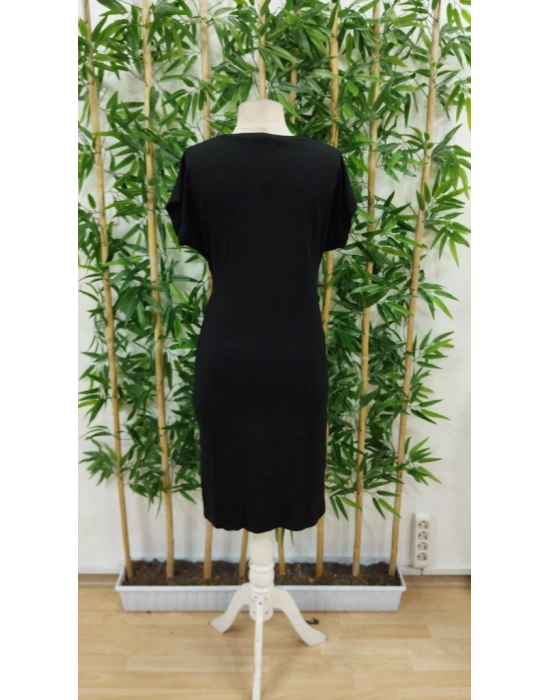 Kadın Kısa Kollu Bisiklet Yaka Yandan Büzgülü Midi Viskon Elbise