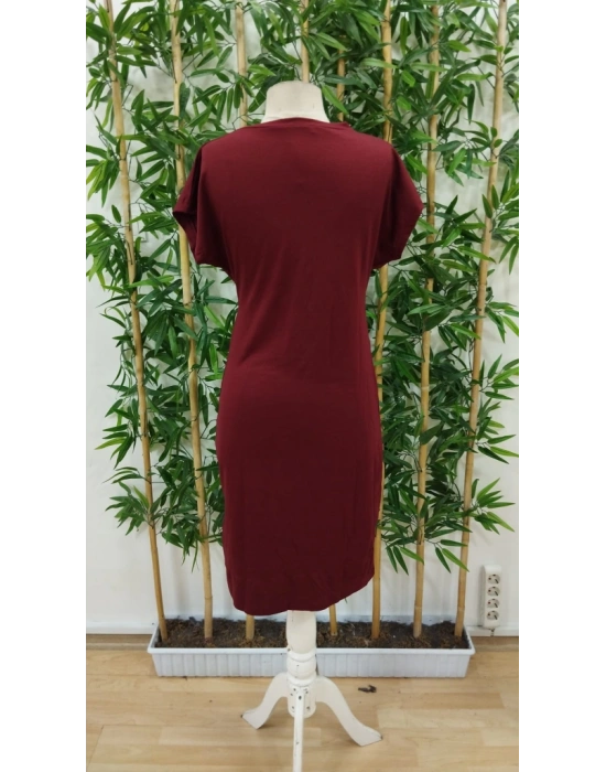 Kadın Kısa Kollu Bisiklet Yaka Yandan Büzgülü Midi Viskon Elbise