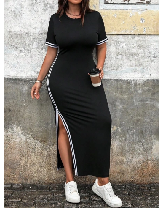 Kadın Kısa Kollu Bisiklet Yaka Yandan şerit Ve Yırtmaçlı Viskon Iki Iplik Elbise