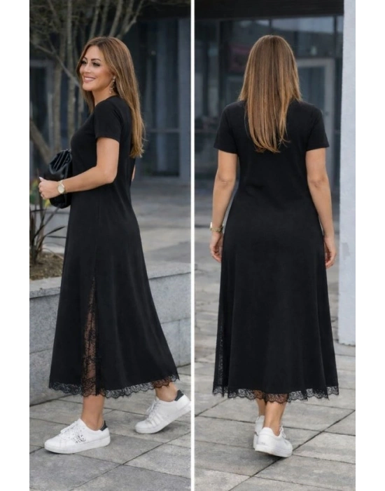 Kadın Kısa Kollu Bisiklet Yaka Yandan Yırtmaçlı Dantel Detaylı Uzun Viskon Elbise