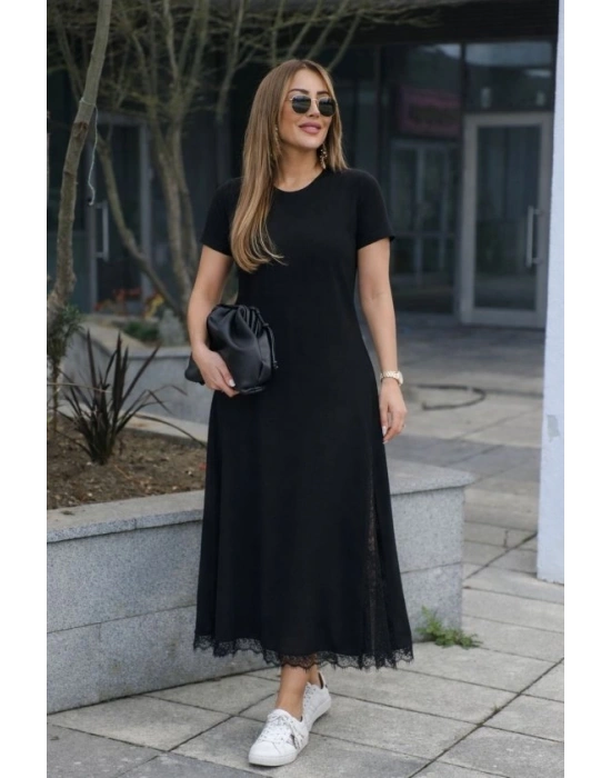Kadın Kısa Kollu Bisiklet Yaka Yandan Yırtmaçlı Dantel Detaylı Uzun Viskon Elbise