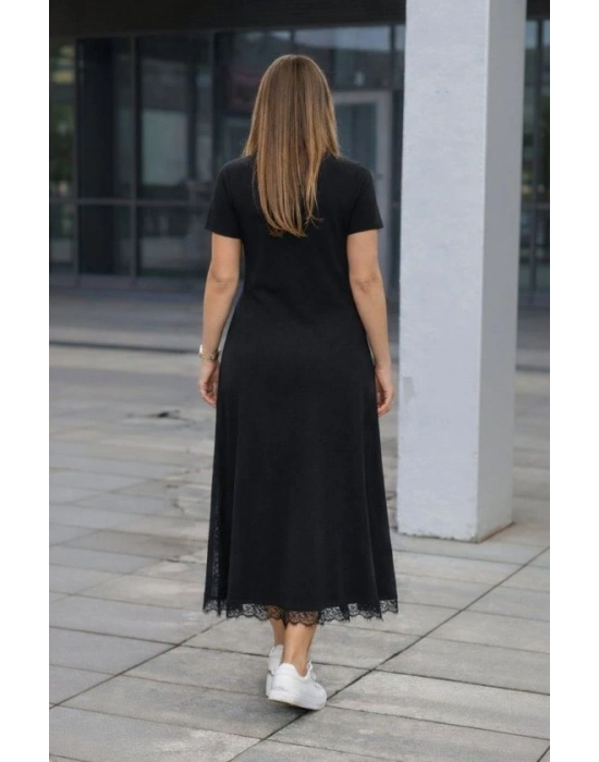 Kadın Kısa Kollu Bisiklet Yaka Yandan Yırtmaçlı Dantel Detaylı Uzun Viskon Elbise