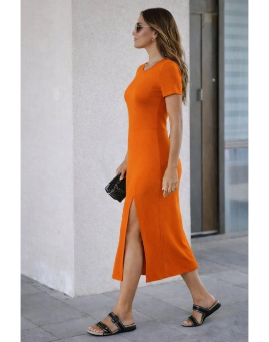 Kadın Kısa Kollu Bisiklet Yaka Yandan Yırtmaçlı Midi Viskon Elbise