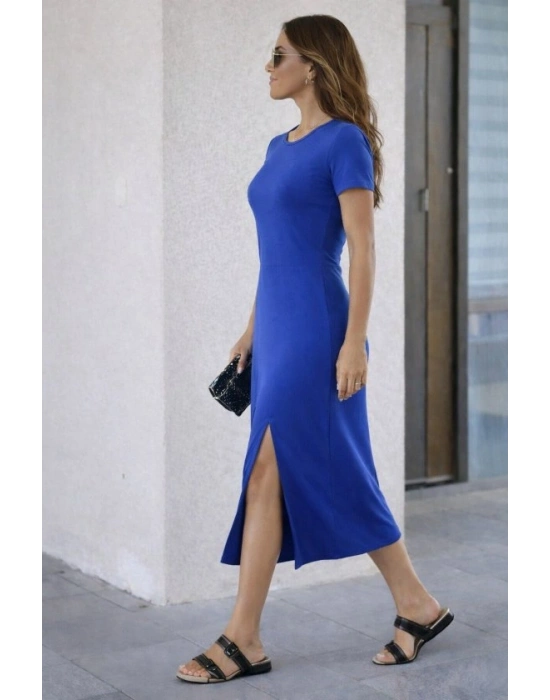 Kadın Kısa Kollu Bisiklet Yaka Yandan Yırtmaçlı Midi Viskon Elbise