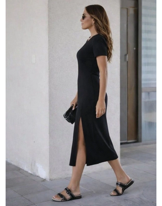 Kadın Kısa Kollu Bisiklet Yaka Yandan Yırtmaçlı Midi Viskon Elbise