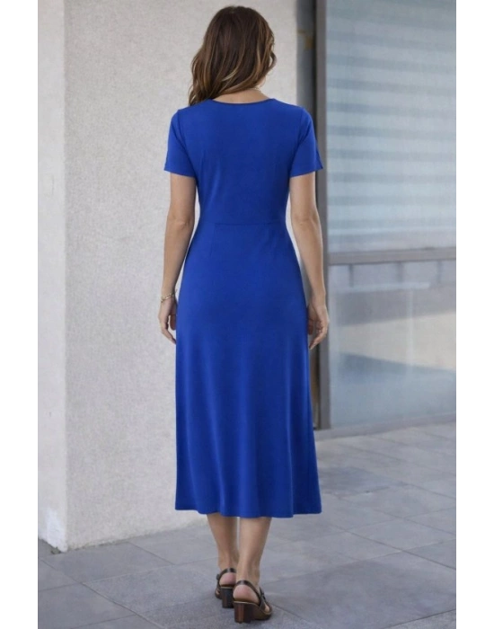 Kadın Kısa Kollu Bisiklet Yaka Yandan Yırtmaçlı Midi Viskon Elbise