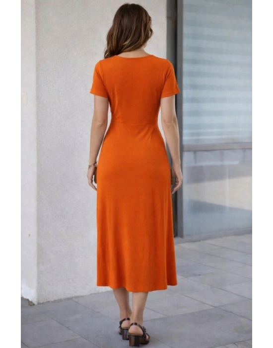 Kadın Kısa Kollu Bisiklet Yaka Yandan Yırtmaçlı Midi Viskon Elbise