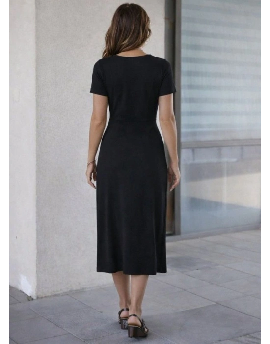 Kadın Kısa Kollu Bisiklet Yaka Yandan Yırtmaçlı Midi Viskon Elbise