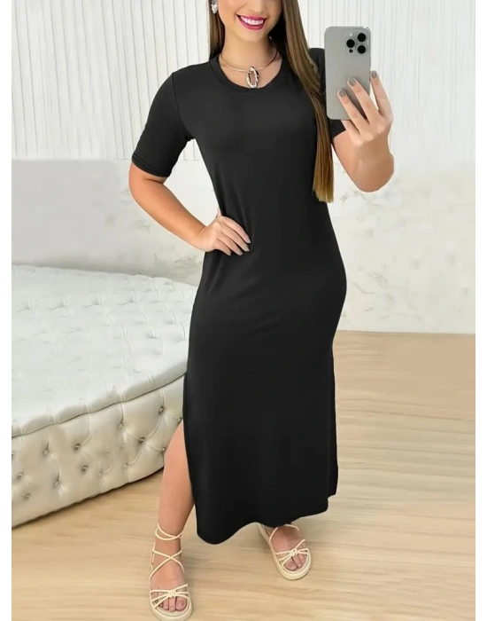 Kadın Kısa Kollu Bisiklet Yaka Yandan Yırtmaçlı Viskon Elbise