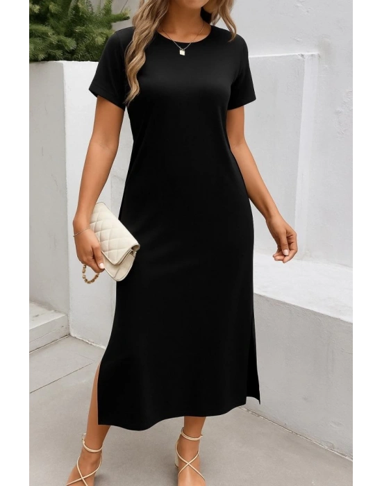 Kadın Kısa Kollu Bisiklet Yaka Yandan Yırtmaçlı Viskon Elbise