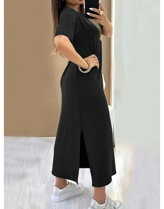 Kadın Kısa Kollu Bisiklet Yaka Yandan Yırtmaçlı Viskon Elbise