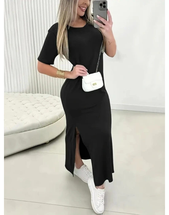 Kadın Kısa Kollu Bisiklet Yaka Yandan Yırtmaçlı Viskon Elbise