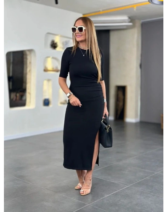 Kadın Kısa Kollu Bisiklet Yaka Yandan Yırtmaçlı Viskon Iki Iplik Elbise