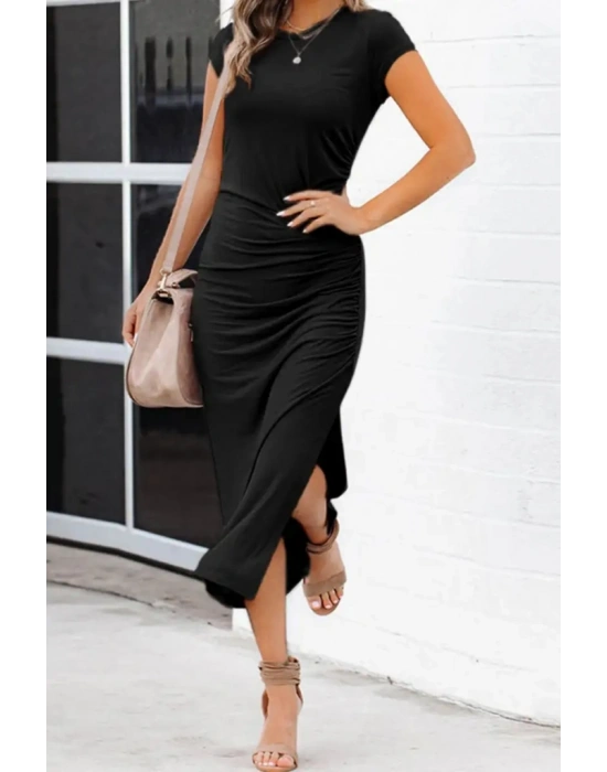 Kadın Kısa Kollu Bisiklet Yaka Yanlardan Büzgülü Yırtmaçlı Pegasus Kumaş Elbise