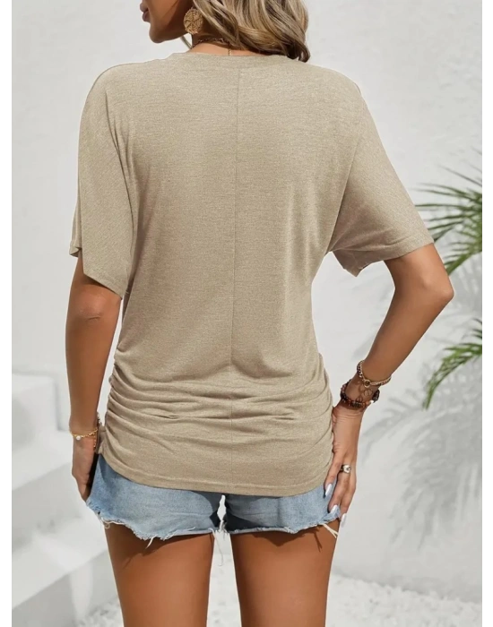 Kadın Kısa Kollu Bisiklet Yaka Yanları Büzgü Detay Yarasa Kol Viskon Bluz