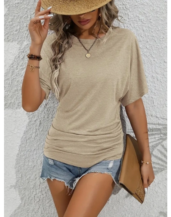 Kadın Kısa Kollu Bisiklet Yaka Yanları Büzgü Detay Yarasa Kol Viskon Bluz