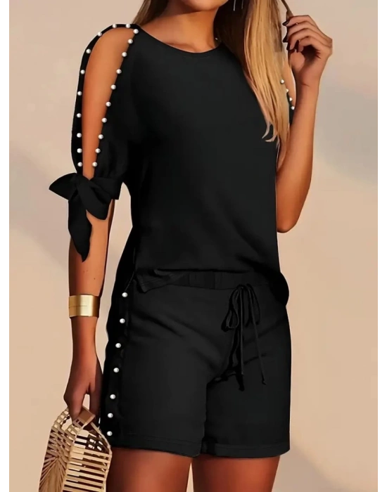 Kadın Kısa Kollu Bisiklet Yaka Yarı Açık Omuz Inci Detaylı Short Tshirt Viskon Ikili Takım