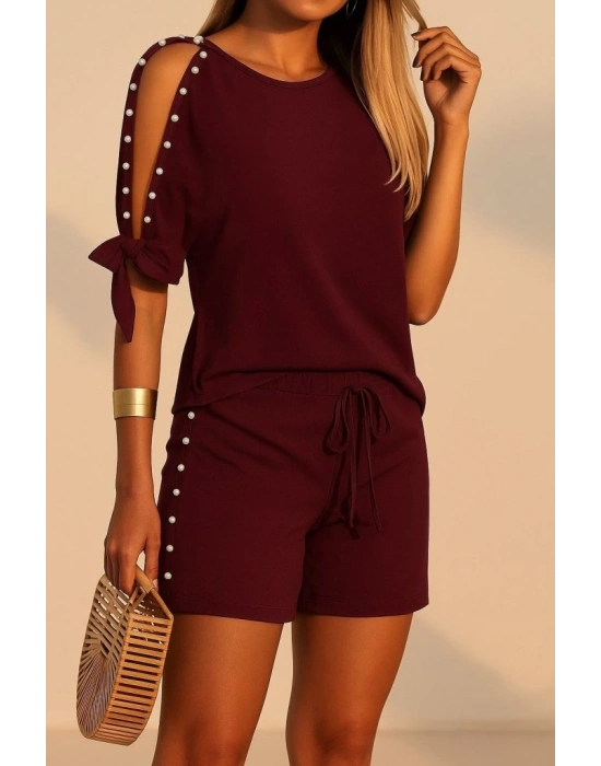 Kadın Kısa Kollu Bisiklet Yaka Yarı Açık Omuz Inci Detaylı Short Tshirt Viskon Ikili Takım