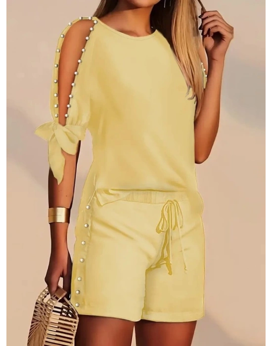 Kadın Kısa Kollu Bisiklet Yaka Yarı Açık Omuz Inci Detaylı Short Tshirt Viskon Ikili Takım