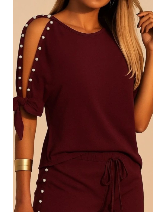 Kadın Kısa Kollu Bisiklet Yaka Yarı Açık Omuz Inci Detaylı Short Tshirt Viskon Ikili Takım