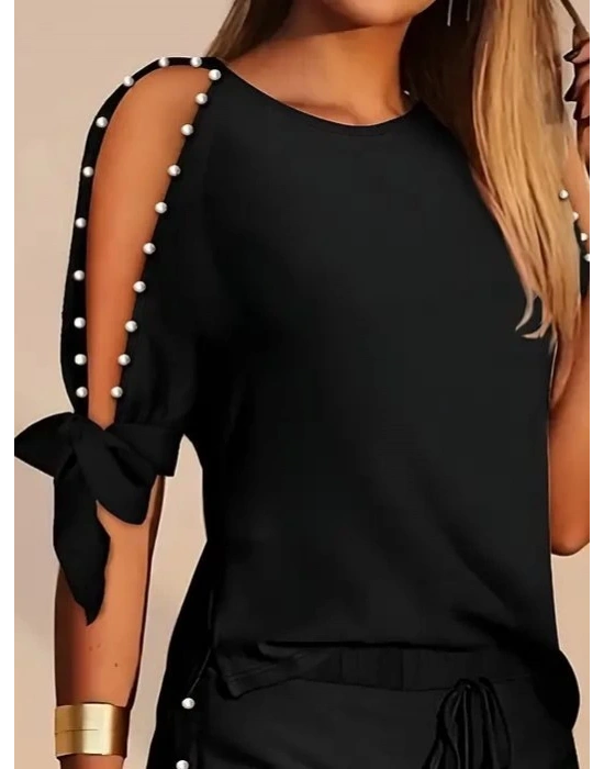 Kadın Kısa Kollu Bisiklet Yaka Yarı Açık Omuz Inci Detaylı Short Tshirt Viskon Ikili Takım