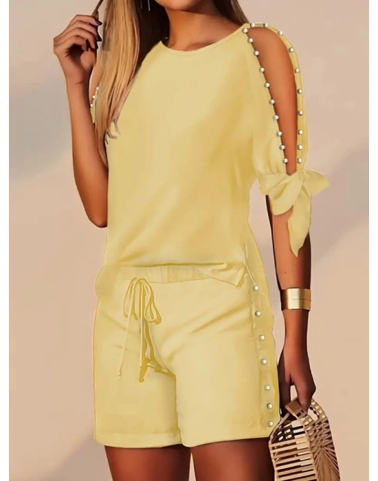 Kadın Kısa Kollu Bisiklet Yaka Yarı Açık Omuz Inci Detaylı Short Tshirt Viskon Ikili Takım