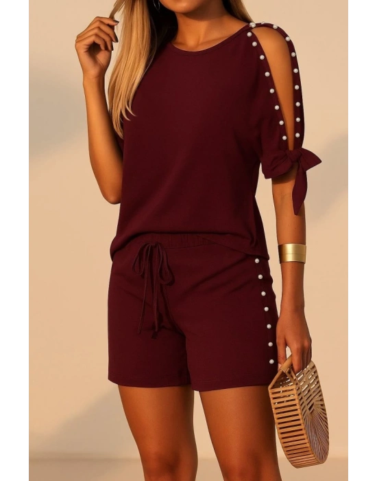 Kadın Kısa Kollu Bisiklet Yaka Yarı Açık Omuz Inci Detaylı Short Tshirt Viskon Ikili Takım