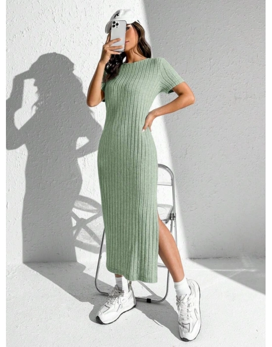 Kadın Kısa Kollu Bisiklet Yaka Yırtmaç Detay Fitilli Kaşkorse Tam Boy Elbise