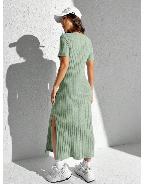 Kadın Kısa Kollu Bisiklet Yaka Yırtmaç Detay Fitilli Kaşkorse Tam Boy Elbise