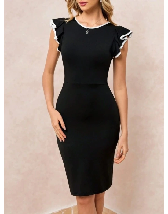 Kadın Kısa Kollu Bisiklet Yaka Yırtmaçlı Ithal Krep Elbise