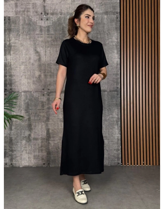 Kadın Kısa Kollu Bisiklet Yaka Yırtmaçlı Viskon Iki Iplik Elbise