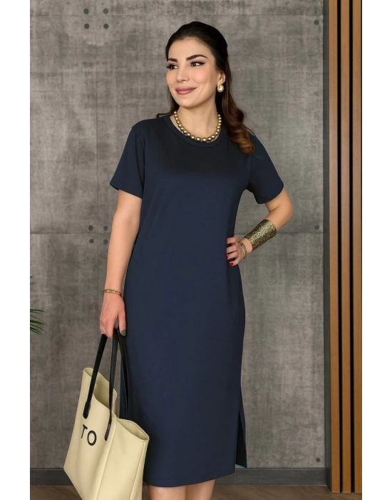 Kadın Kısa Kollu Bisiklet Yaka Yırtmaçlı Viskon Iki Iplik Elbise