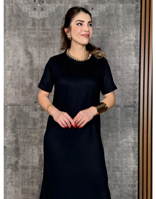 Kadın Kısa Kollu Bisiklet Yaka Yırtmaçlı Viskon Iki Iplik Elbise