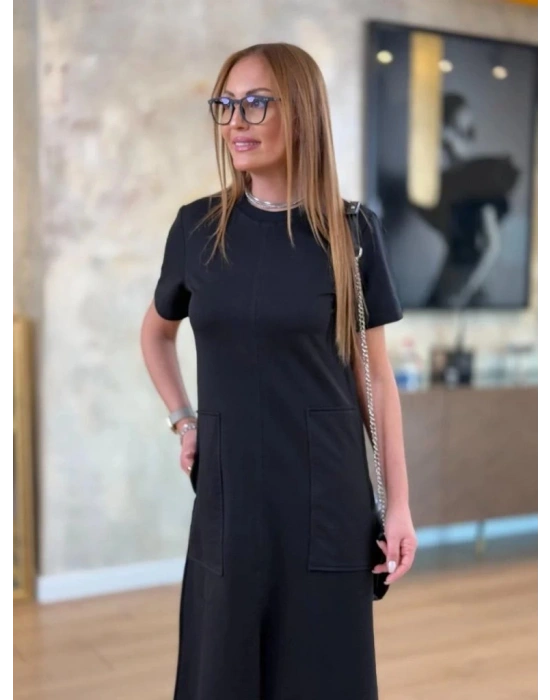 Kadın Kısa Kollu Bisiklet Yakalı Cepli önden Yırtmaçlı Viskon Iki Iplik Midi Elbise