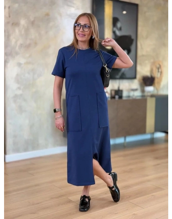 Kadın Kısa Kollu Bisiklet Yakalı Cepli önden Yırtmaçlı Viskon Iki Iplik Midi Elbise