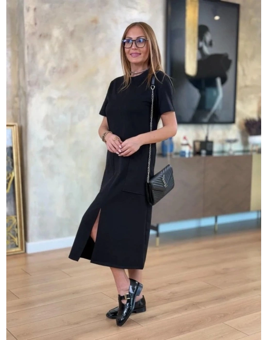 Kadın Kısa Kollu Bisiklet Yakalı Cepli önden Yırtmaçlı Viskon Iki Iplik Midi Elbise